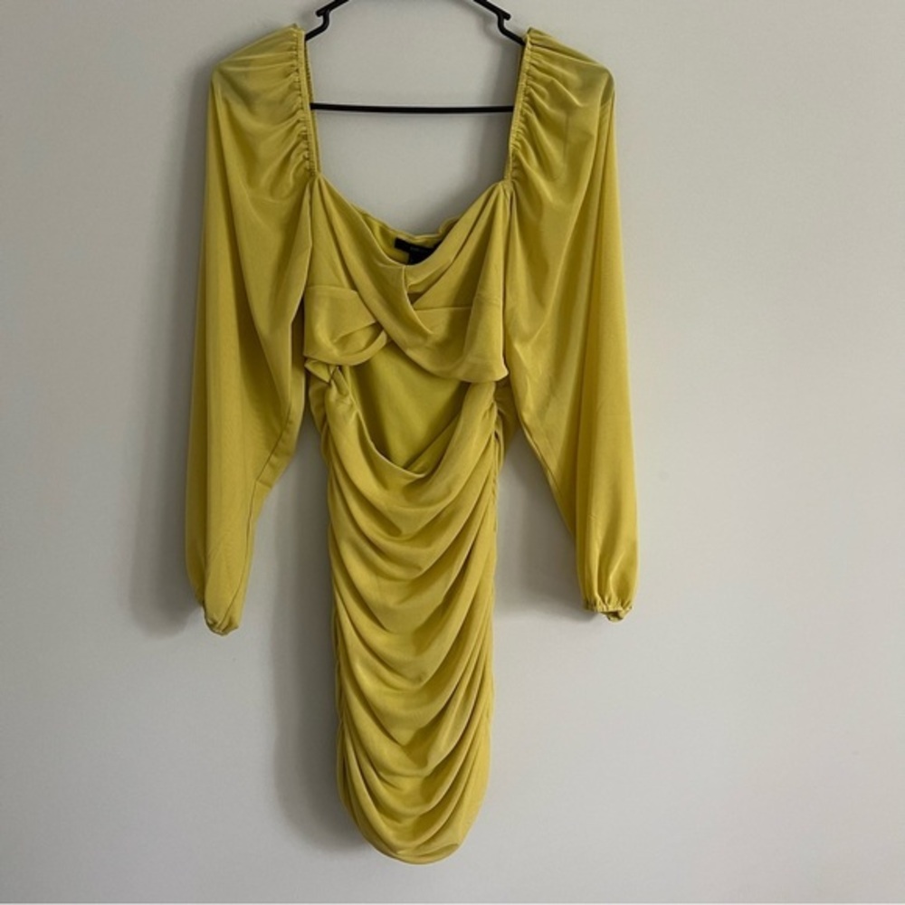 Forever 21 Yellow Long Sleeve Cutout Ruche Bodycon Mini Dress